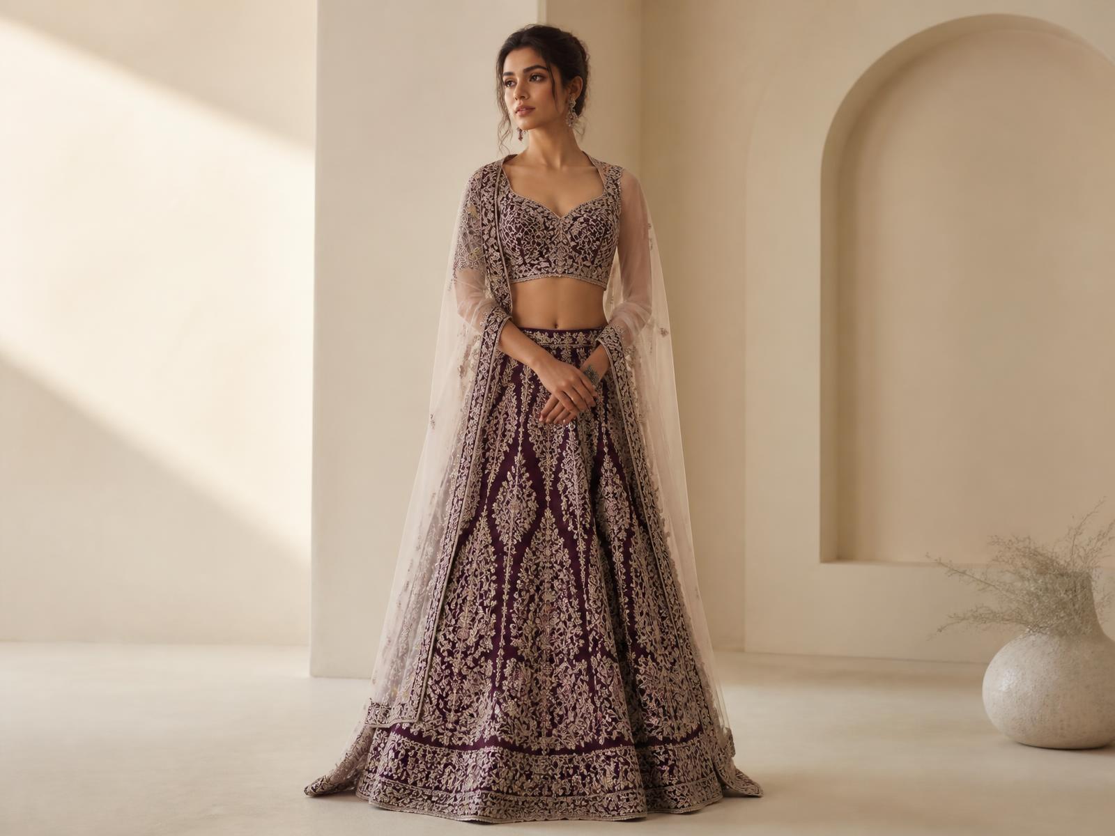 Model wearing an embroidered plum lehenga